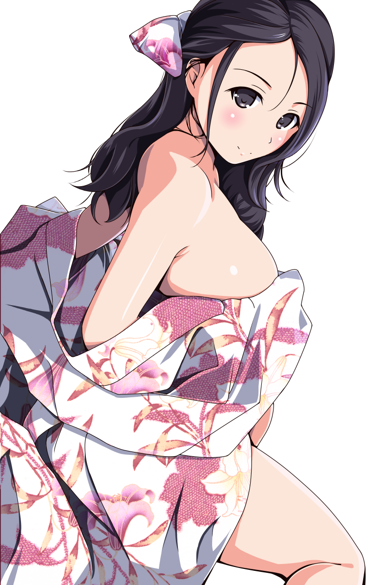1girl bare_shoulders black_eyes black_hair blush bow hair_bow highres long_hair looking_to_the_side matsunaga_kouyou original simple_background smile solo undressing white_background