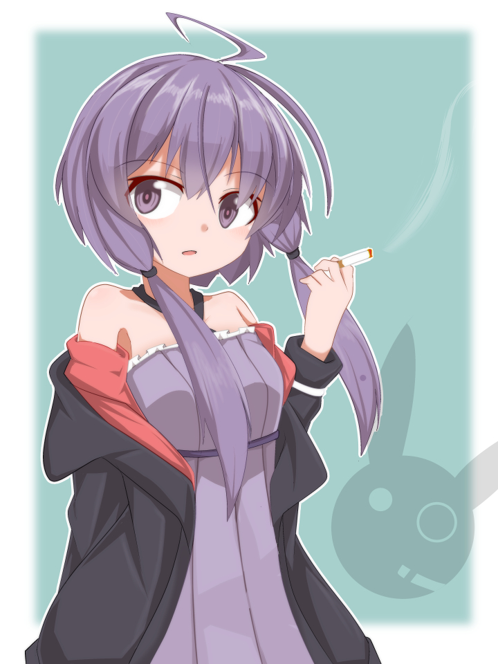 1girl :o ahoge ao_(aoblueao) bangs bare_shoulders between_fingers black_jacket blush cigarette dress eyebrows_visible_through_hair hair_tie halter_dress hand_up holding holding_cigarette jacket long_sleeves looking_at_viewer off_shoulder open_clothes open_jacket open_mouth purple_dress purple_hair ringed_eyes shiny shiny_hair short_hair_with_long_locks sidelocks smoke solo two-tone_background upper_body violet_eyes vocaloid voiceroid yuzuki_yukari