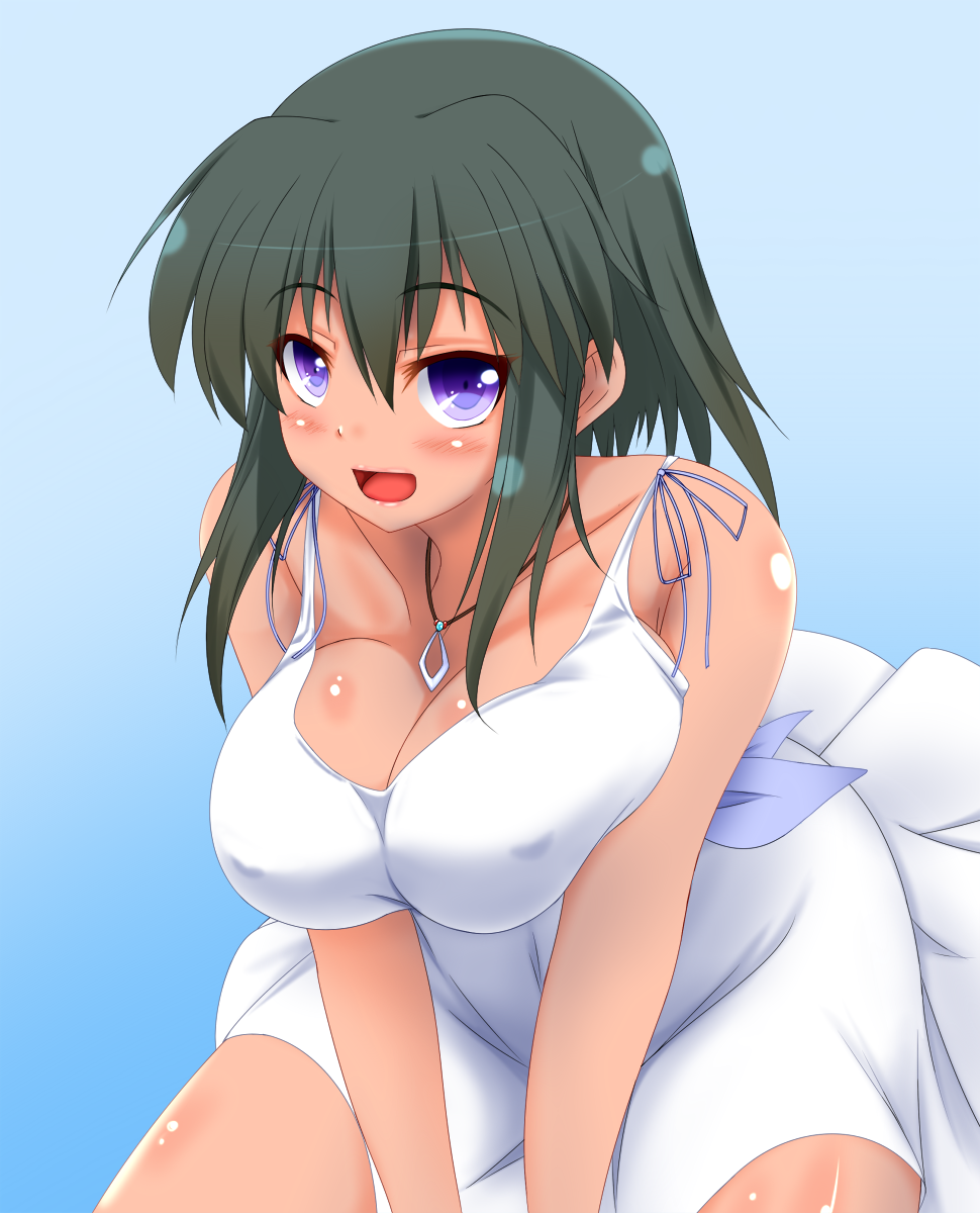1girl :d bare_arms bare_shoulders between_legs blue_background body_blush breast_squeeze breasts character_request cleavage collarbone covered_nipples dark_skin dress green_hair hair_between_eyes hand_between_legs highres idolmaster idolmaster_cinderella_girls jewelry large_breasts leaning_forward legs_apart looking_at_viewer necklace no_bra open_mouth parmiria pendant purple_ribbon ribbon short_hair short_hair_with_long_locks simple_background sleeveless sleeveless_dress smile solo sundress tsurime violet_eyes white_dress