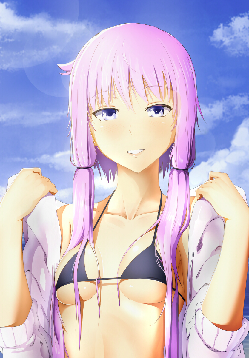 1girl :d abmayo bare_shoulders bikini bikini_top black_bikini black_ribbon blue_sky blush breasts breasts_apart clouds collarbone hair_ribbon highres jacket lens_flare light_rays long_hair long_sleeves looking_at_viewer low_twintails ocean off_shoulder open_clothes open_jacket open_mouth outdoors pink_hair ribbon sky sleeves_past_elbows sleeves_pushed_up small_breasts smile solo sunlight sweater_jacket swimsuit teeth tsurime twintails under_boob undressing upper_body violet_eyes vocaloid voiceroid water yuzuki_yukari