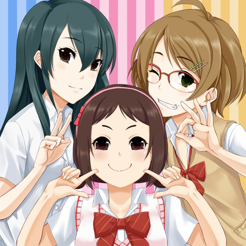 3girls black_hair brown_hair glasses hairband idolmaster idolmaster_cinderella_girls ky_kosuke long_hair multiple_girls muramatsu_sakura new_wave one_eye_closed ooishi_izumi school_uniform short_hair smile tsuchiya_ako v