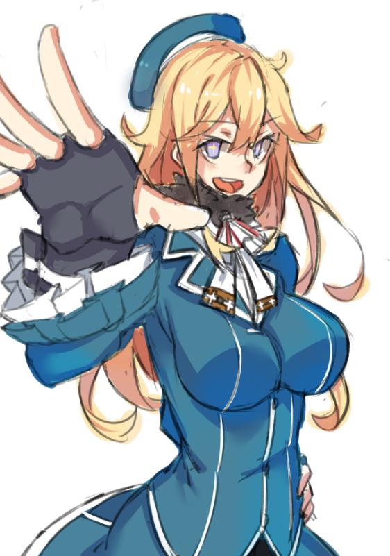 +_+ 1girl :d atago_(kantai_collection) atago_(kantai_collection)_(cosplay) black_gloves blonde_hair breasts cosplay fingerless_gloves gloves grey_eyes hand_on_hip hat iowa_(kantai_collection) kantai_collection long_hair open_mouth simple_background smile solo teeth white_background wulazula