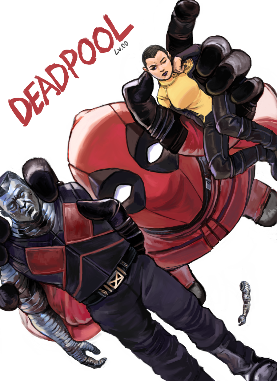 1girl 2boys action_figure amputee artist_request black_hair colossus_(x-men) deadpool female highres male marvel mask multiple_boys negasonic_teenage_warhead short_hair x-men