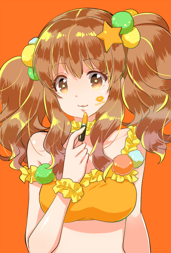 1girl alternate_costume bangs bare_shoulders body_writing brown_eyes brown_hair choker crop_top english eyebrows eyebrows_visible_through_hair eyelashes frilled_choker frills hair_ornament holding_lipstick idolmaster idolmaster_cinderella_girls lipstick_mark lipstick_tube long_hair looking_at_viewer midriff moroboshi_kirari ohlala orange_background parted_lips pom_pom_(clothes) simple_background solo star star-shaped_pupils star_hair_ornament symbol-shaped_pupils upper_body wrist_cuffs