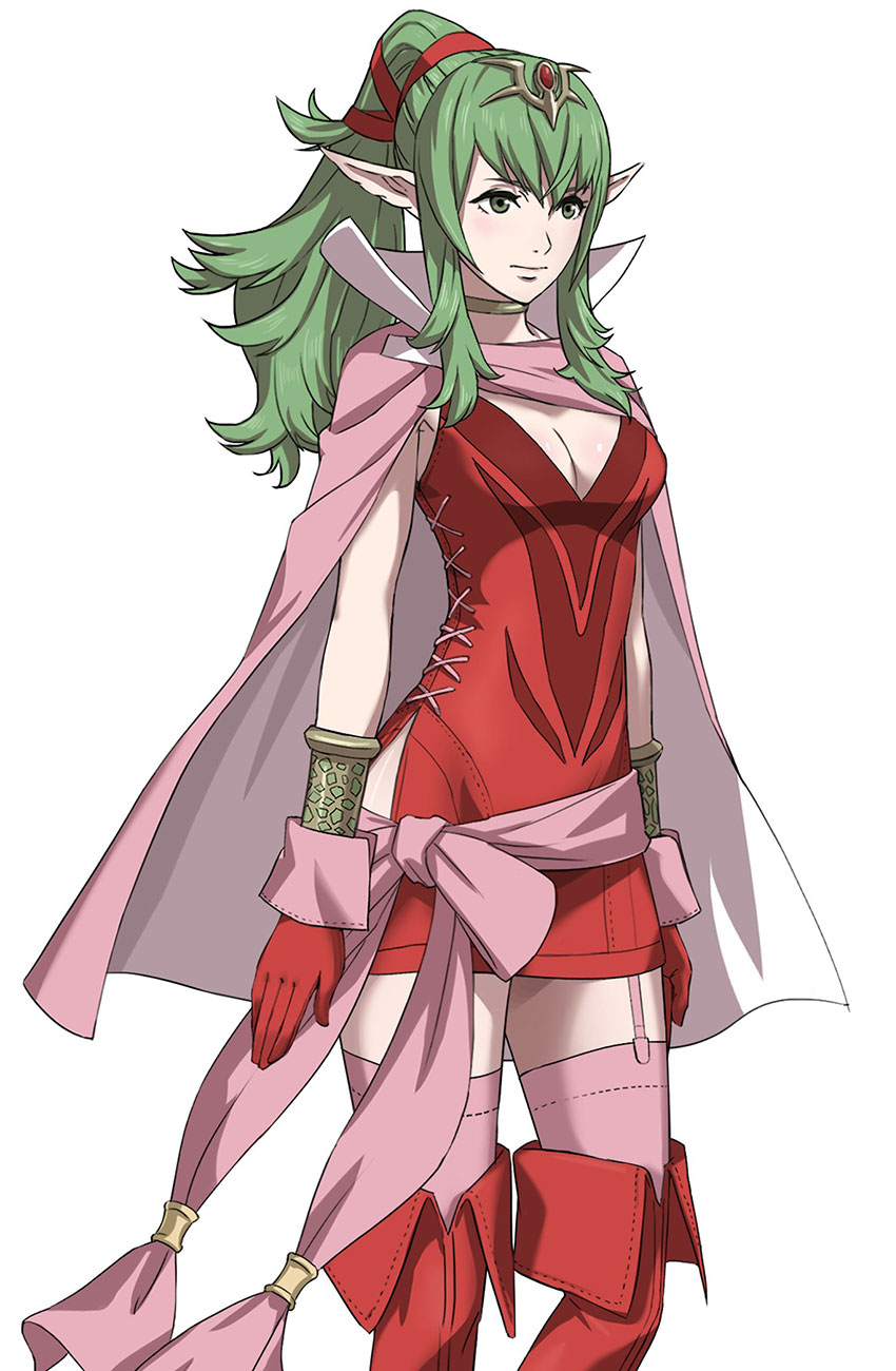 1girl bracelet breasts cape chiki choker cleavage crown dress fire_emblem fire_emblem:_kakusei garter_straps gloves green_eyes green_hair hair_ornament hair_ribbon highres jewelry long_hair pink_legwear pointy_ears project_x_zone_2 red_dress red_gloves ribbon sash short_dress simple_background solo thigh-highs white_background zettai_ryouiki