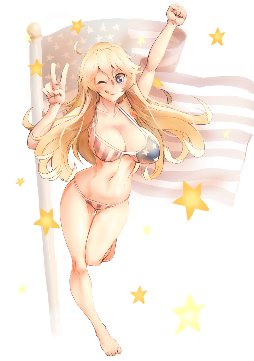 1girl ;q american_flag american_flag_bikini arm_up bikini blonde_hair blue_eyes blush breasts clenched_hand cyzir_visheen flag_print highres iowa_(kantai_collection) kantai_collection large_breasts long_hair looking_at_viewer one_eye_closed solo star star-shaped_pupils swimsuit symbol-shaped_pupils tongue tongue_out v