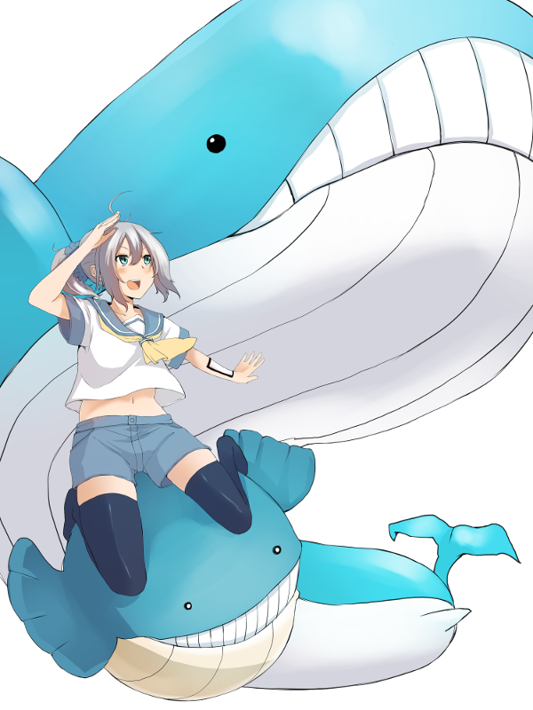 1girl aoba_(kantai_collection) black_legwear blue_eyes blush crossover female hair_ornament hair_scrunchie kantai_collection miyoshi_(triple_luck) navel neckerchief pokemon pokemon_(creature) ponytail salute school_uniform scrunchie serafuku shorts silver_hair smile thigh-highs wailmer wailord