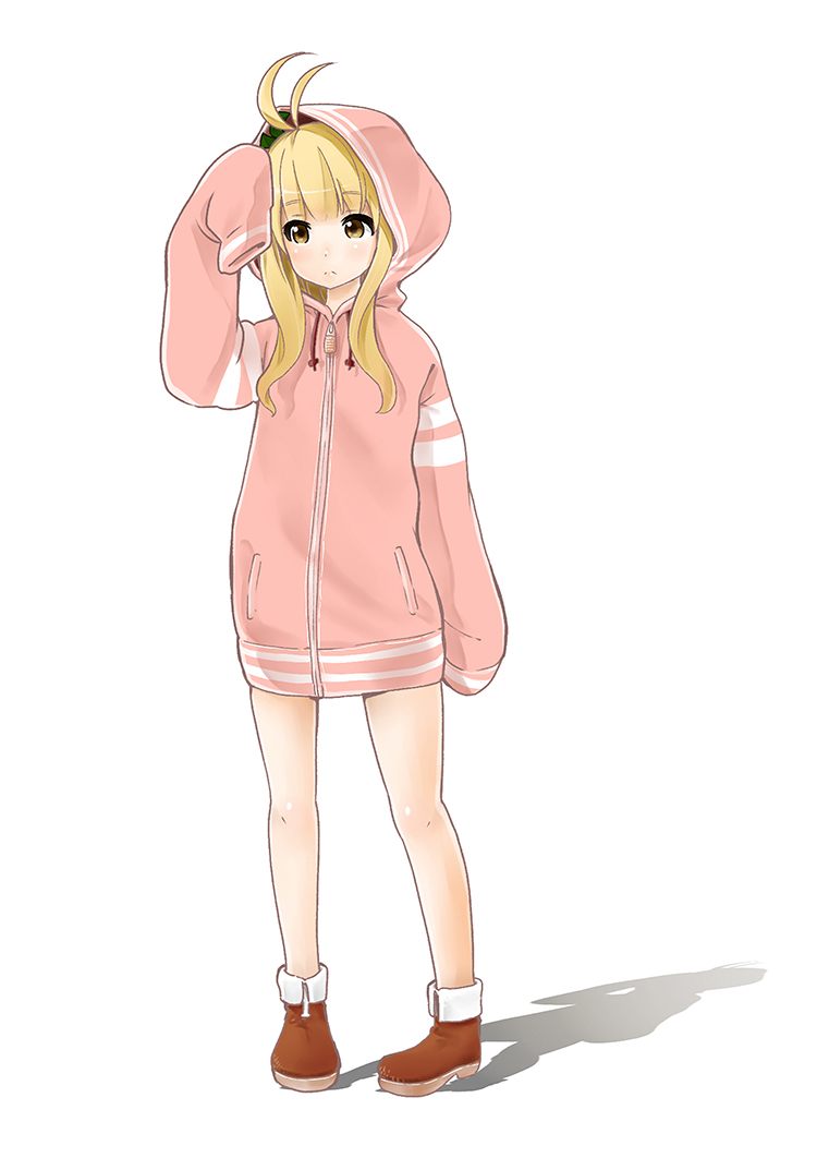 1girl blonde_hair blush hood hoodie joyfulman simple_background sleeves_past_wrists solo white_background