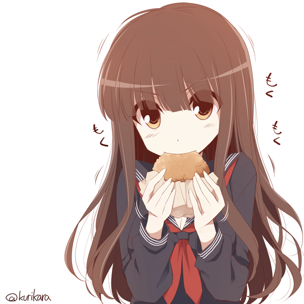 1girl bread bread_in_mouth brown_eyes brown_hair commentary_request eating fate/extra fate/extra_ccc fate_(series) food kishinami_hakuno_(female) kurikara long_hair looking_at_viewer school_uniform serafuku simple_background solo twitter_username upper_body white_background