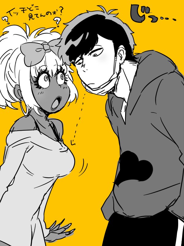 1boy 1girl ? arrow bow dark_skin dress eyelashes ganguro hair_bow hands_in_pockets high_ponytail hood hoodie juushiko_(osomatsu-san) matsuno_ichimatsu messy_hair monochrome open_mouth osomatsu-kun osomatsu-san shinonoko_(tubamecider) simple_background surgical_mask sweater sweater_dress yellow_background