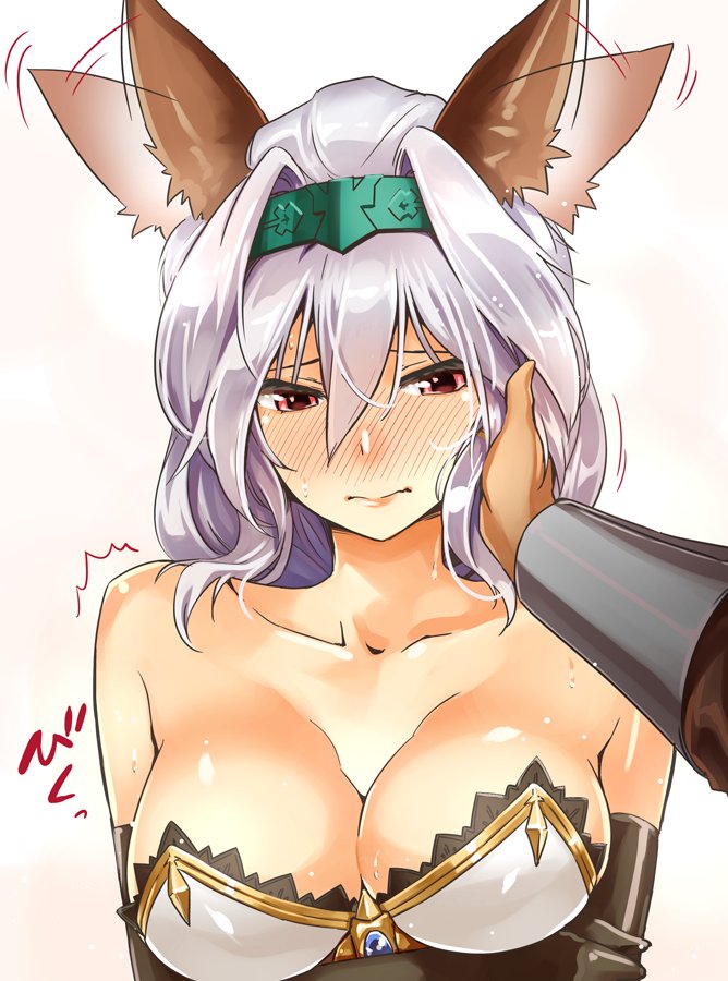 /\/\/\ 1girl abo_(hechouchou) afterimage animal_ears arm_guards armor bare_shoulders black_gloves blush breastplate breasts brooch cat_ears cleavage collarbone crossed_arms dog_ears ear_wiggle elbow_gloves full-face_blush gem gloves granblue_fantasy hair_between_eyes hair_intakes hand_on_another's_cheek hand_on_another's_face headband heles jewelry lavender_hair looking_away looking_down motion_lines pov red_eyes sapphire_(stone) shiny shiny_skin short_hair simple_background solo_focus strapless tsurime upper_body white_background