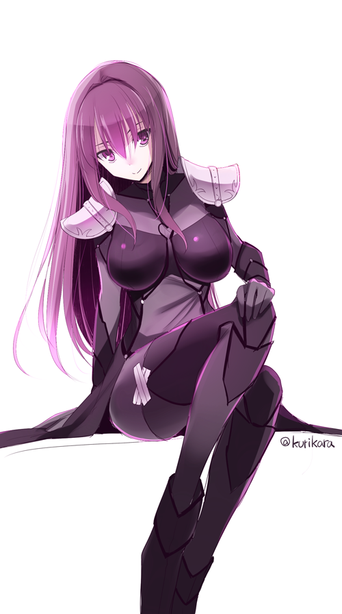 1girl bodysuit breasts fate/grand_order fate_(series) hand_on_own_knee kurikara large_breasts long_hair looking_at_viewer pauldrons purple_hair scathach_(fate/grand_order) simple_background sitting smile solo twitter_username very_long_hair violet_eyes white_background