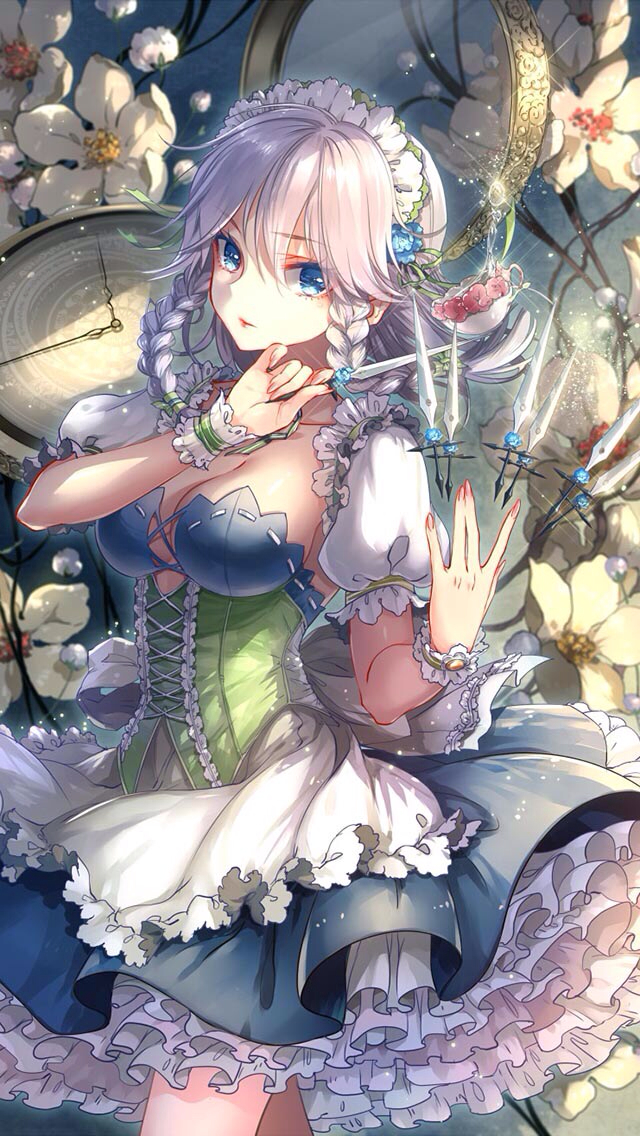 1girl aqua_eyes artist_request braid breasts cleavage clock cup floating_hair floating_object flower frilled_skirt frills headdress knife large_breasts puffy_sleeves short_sleeves skirt solo teacup twin_braids white_hair wrist_cuffs