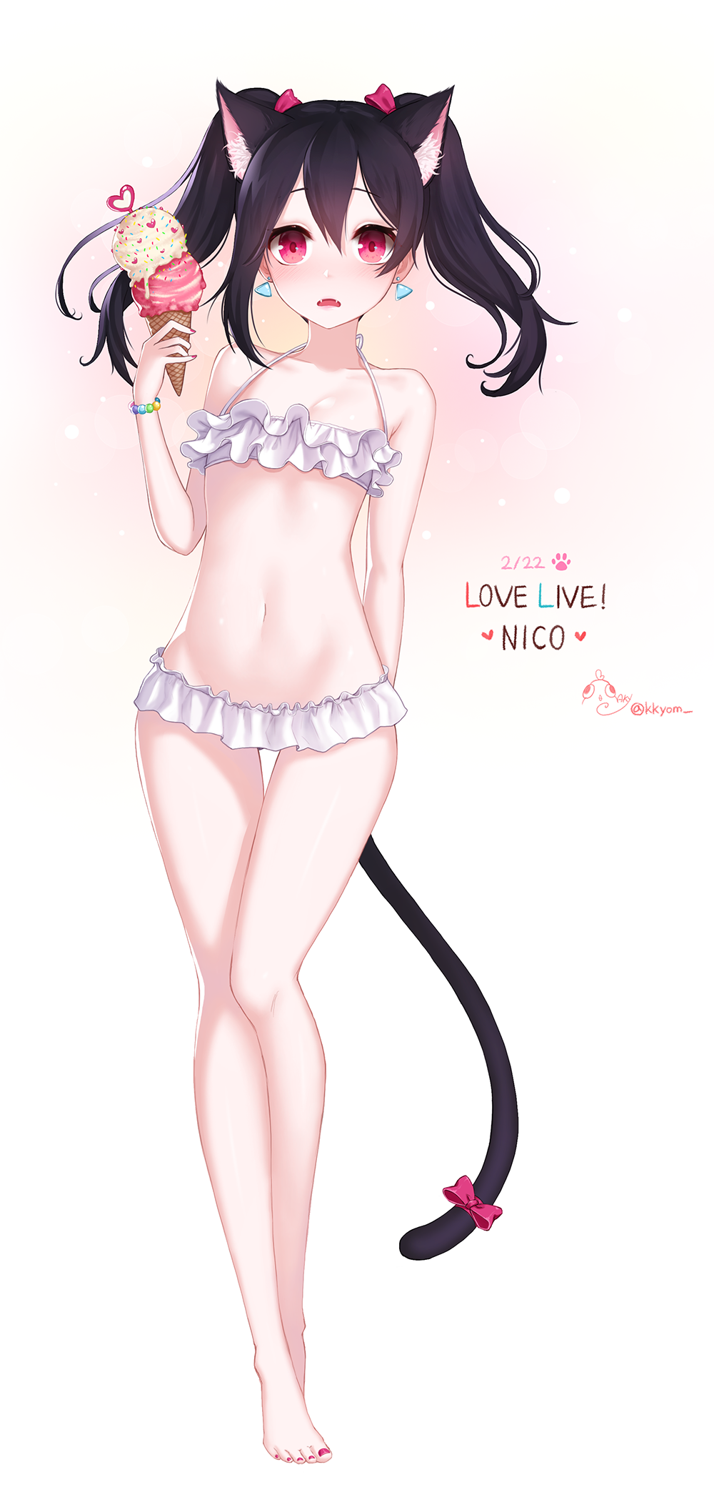 1girl 2016 alternate_costume ango animal_ears bangs barefoot bead_bracelet bikini bikini_skirt black_hair bow bracelet cat_day cat_ears cat_tail character_name copyright_name dated double_scoop earrings fangs food frilled_bikini frills full_body groin hair_between_eyes hair_bow halterneck heart highres holding_food ice_cream ice_cream_cone jewelry kemonomimi_mode long_hair looking_at_viewer love_live!_school_idol_project nail_polish navel open_mouth pink_bow red_eyes red_nails signature small_breasts solo standing stomach swimsuit tail tail_bow thigh_gap toenail_polish triangle twintails white_bikini yazawa_nico