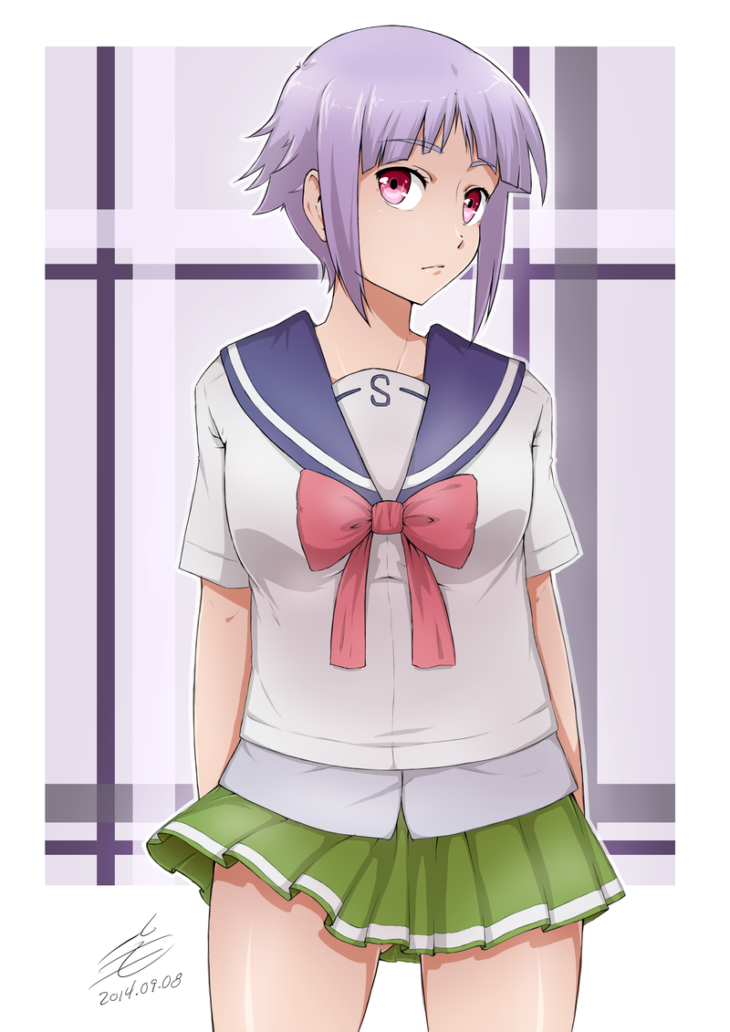 1girl 2014 abstract_background arms_at_sides arms_behind_back artifedex bow cowboy_shot dated deviantart_thumbnail fnc_(upotte!!) green_skirt head_tilt looking_at_viewer miniskirt purple_hair red_bow red_eyes school_uniform shirt skirt standing upotte!! white_shirt