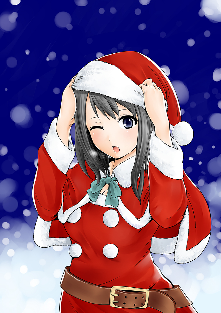 1girl belt black_hair blush hat joyfulman one_eye_closed santa_costume santa_hat snowing solo