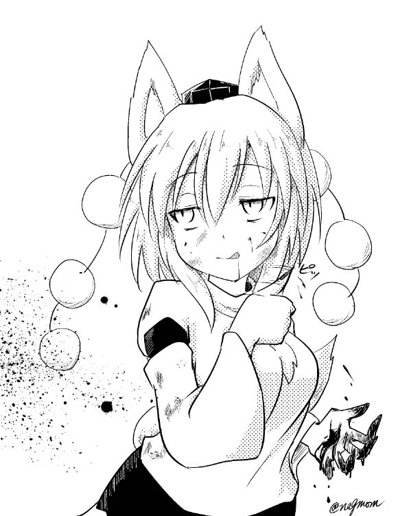 1girl animal_ears blood breasts detached_sleeves hat inubashiri_momiji monochrome pom_pom_(clothes) short_hair signature simple_background solo taurine_8000mg tokin_hat tongue tongue_out touhou white_background wolf_ears