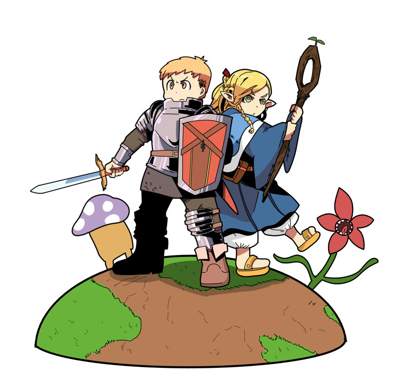 1boy 1girl armor blonde_hair braid dungeon_meshi hill laios_(dungeon_meshi) marushiru mushroom orange_eyes plant_monster shield simple_background staff sword weapon white_background yellow_eyes