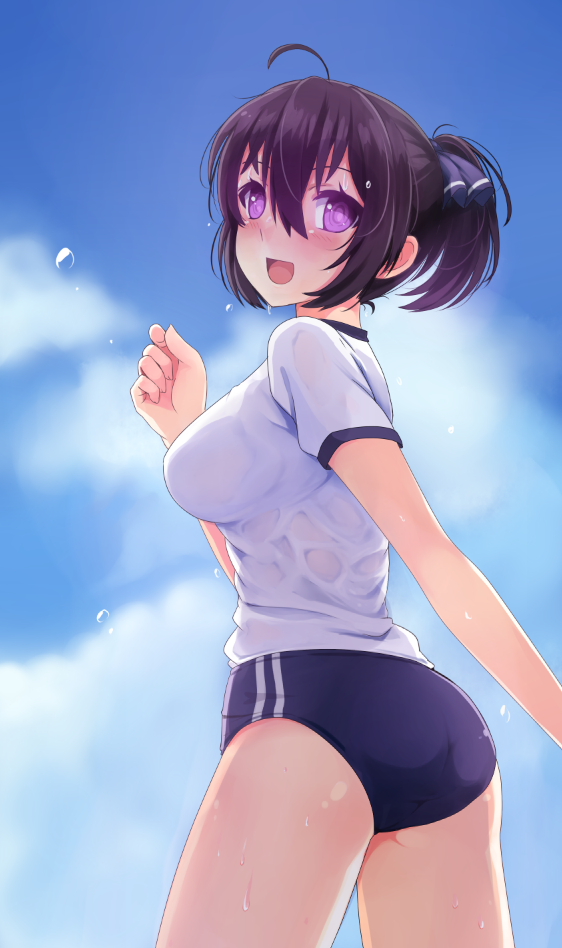 1girl :d ahoge antenna_hair arm_at_side ass beifeng_han black_hair breasts buruma clouds cloudy_sky from_behind gym_uniform hair_between_eyes hair_up looking_at_viewer miyaura_sanshio open_mouth original shirt short_sleeves sky smile solo thighs violet_eyes wet wet_clothes white_shirt