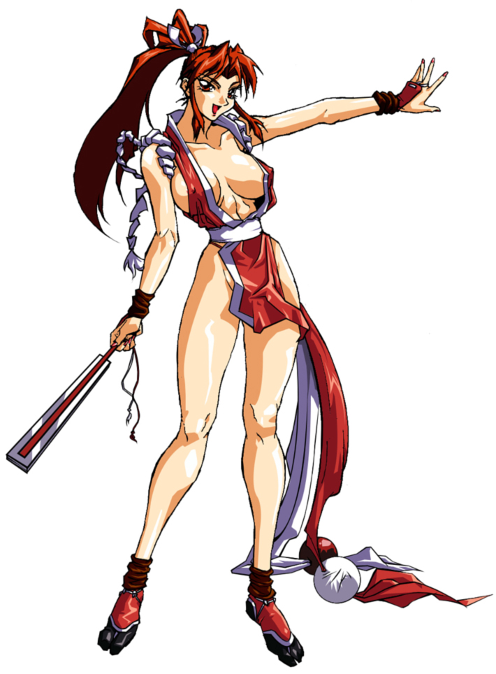 1girl artist_request bare_hips bare_legs bare_shoulders breasts fan fang fatal_fury folding_fan full_body gloves japanese_clothes large_breasts long_hair long_legs looking_at_viewer ninja open_mouth ponytail revealing_clothes shiranui_mai simple_background smile standing the_king_of_fighters