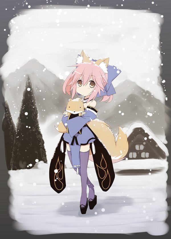 1girl animal_ears bare_shoulders blue_legwear caster_(fate/extra) chibi detached_sleeves fate/extra fate_(series) fox fox_ears fox_tail hair_ribbon japanese_clothes kurikara looking_at_viewer pink_hair ribbon snowing solo tail thigh-highs yellow_eyes