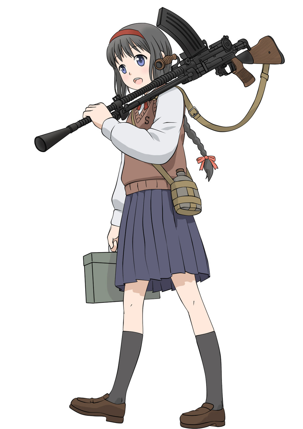 1girl ammunition_box artist_request black_hair blazer blue_eyes blue_skirt bow braid brown_hair canteen carrying firearm gun highres light_machine_gun machine_gun open_mouth original red_bow school_uniform shoulder_carry skirt sling_(weapon) socks upotte!! weapon