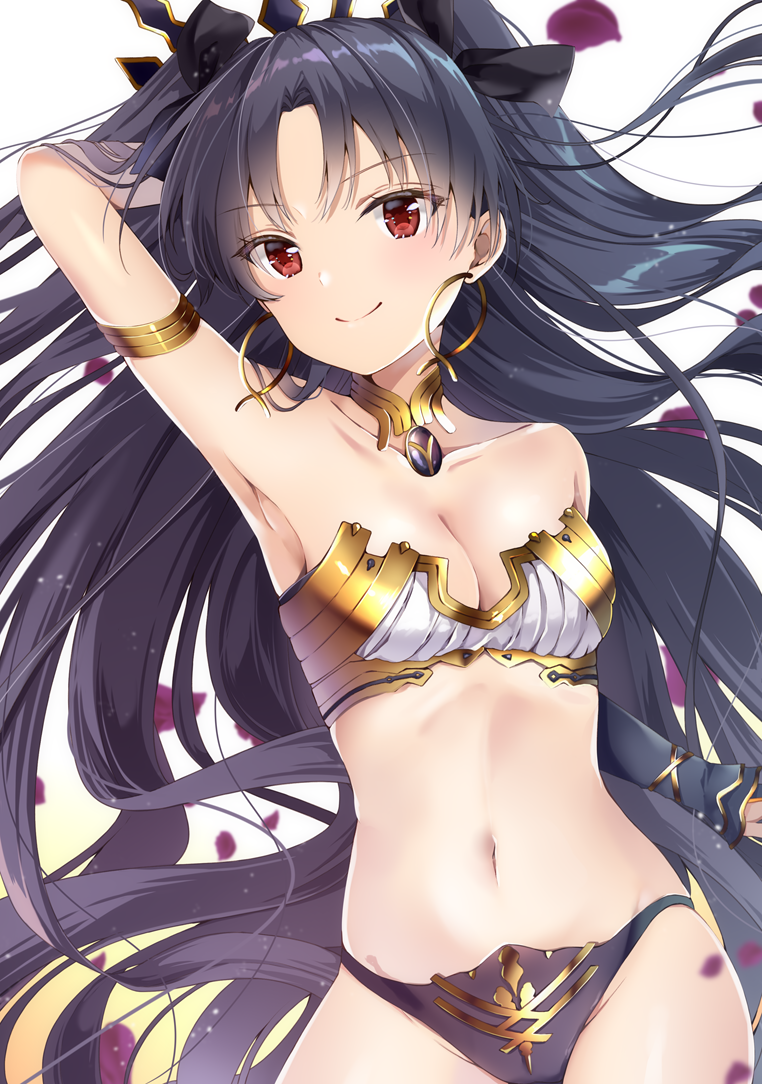 1girl belly_button bikini black_hair cute fate/grand_order fate_(series) ishtar_(fate/grand_order) long_hair petals red_eyes sexy_pose smile solo tiara tohsaka_rin