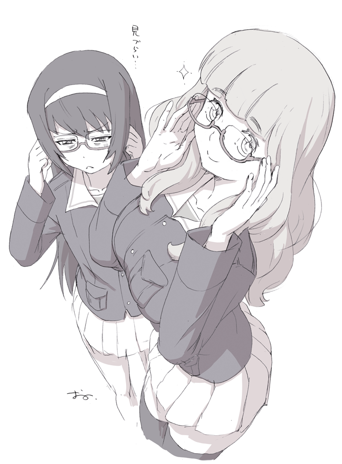 2girls adjusting_glasses black_legwear breasts from_behind girls_und_panzer glasses large_breasts long_hair looking_at_viewer multiple_girls oono_tsutomu reizei_mako semi-rimless_glasses sketch skirt takebe_saori thigh-highs under-rim_glasses white_background