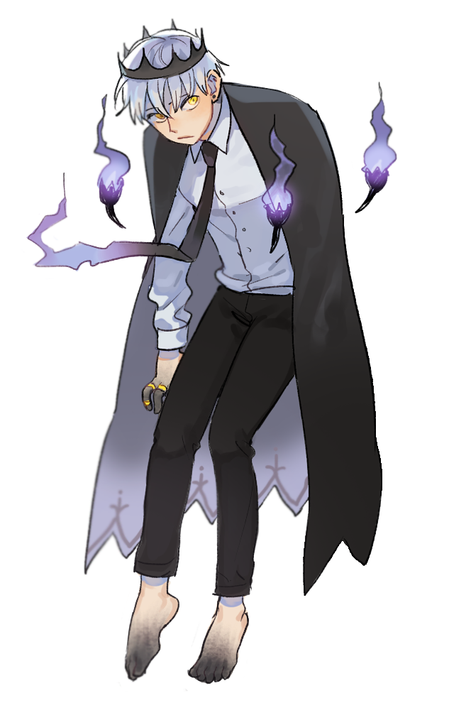 1boy barefoot black_necktie cdov34 chandelure crown fire full_body lavender_hair looking_at_viewer male_focus necktie personification pokemon short_hair simple_background solo white_background yellow_eyes