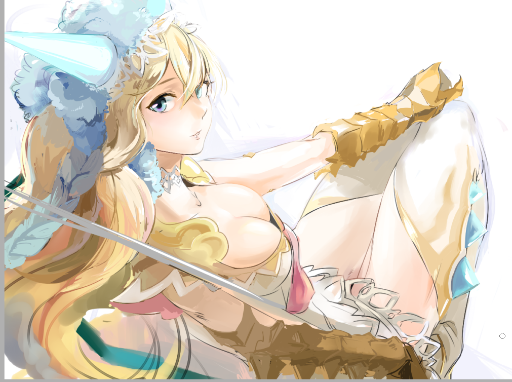 1girl blonde_hair blue_eyes breasts cleavage gauntlets horn kachina long_hair puzzle_&amp;_dragons sakuya_(p&amp;d) sketch solo thigh-highs