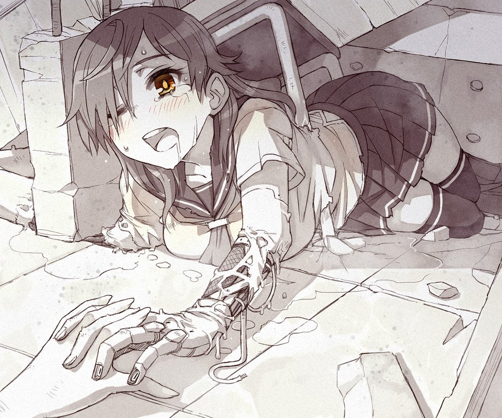 1girl android bangs blush breasts concrete copyright_request crushed crying crying_with_eyes_open hair_over_one_eye holding_hands impaled injury interlocked_fingers itou_(onsoku_tassha) liquid long_hair looking_at_viewer lying mechanical_arm miniskirt monochrome necktie on_floor one_eye_closed open_mouth orange_eyes outstretched_arm pain parts_exposed pleated_skirt rubble ruins school_uniform serafuku short_sleeves skirt solo_focus spot_color stuck tears teeth thigh-highs torn_clothes zettai_ryouiki