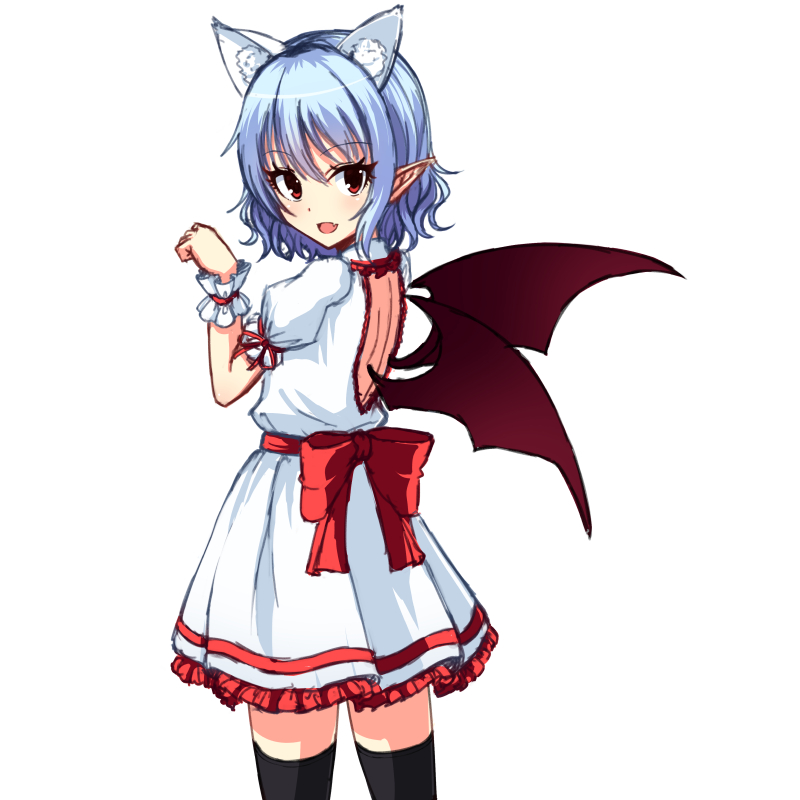 1girl :d animal_ears back_opening bat_wings belt black_legwear blue_hair blush bow cat_ears cowboy_shot dress eyebrows eyebrows_visible_through_hair fang from_behind junior27016 kemonomimi_mode open_mouth paw_pose pointy_ears puffy_short_sleeves puffy_sleeves red_bow red_eyes red_ribbon remilia_scarlet ribbon short_hair short_sleeves simple_background smile solo standing thigh-highs tooth touhou tsurime vampire wavy_hair white_background white_dress wings wrist_cuffs zettai_ryouiki