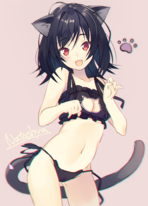 1girl animal_ears bell bell_choker black_bra black_hair black_panties bra cat_cutout cat_ear_panties cat_ears cat_lingerie cat_tail choker cleavage_cutout jingle_bell natasha_(pommier) panties paw_pose paw_print red_eyes short_hair side-tie_panties solo tail underwear underwear_only