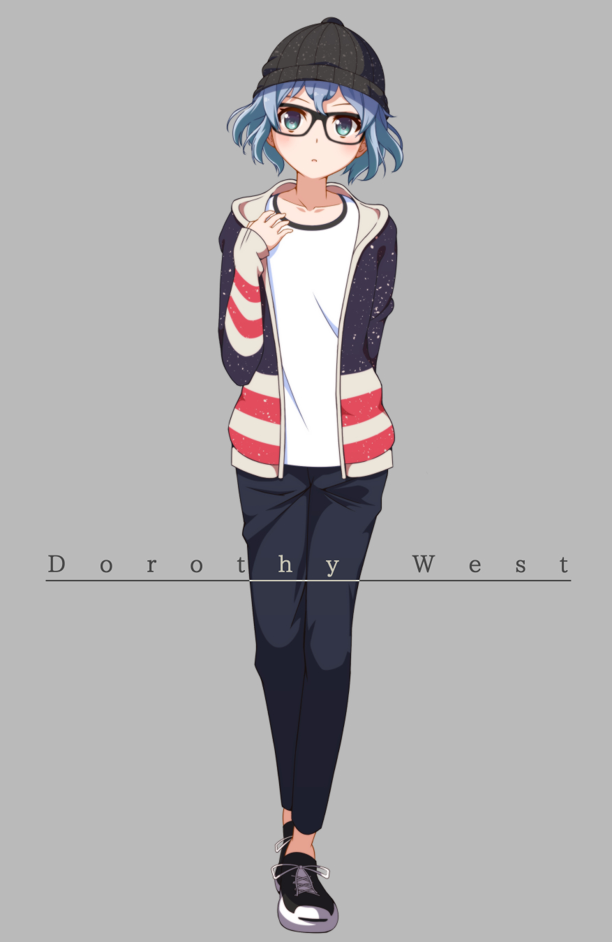 1girl artist_request bespectacled blue_eyes blue_hair casual character_name dorothy_west glasses hat highres looking_at_viewer pripara short_hair solo