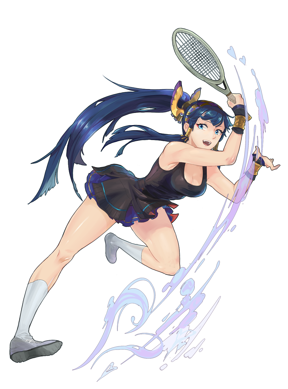 1girl blue_eyes blue_hair breasts cleavage highres isis_(p&amp;d) kachina long_hair puzzle_&amp;_dragons racket shoes skirt smile socks solo sportswear tennis_racket tennis_shoes tennis_uniform transparent_background very_long_hair wristband