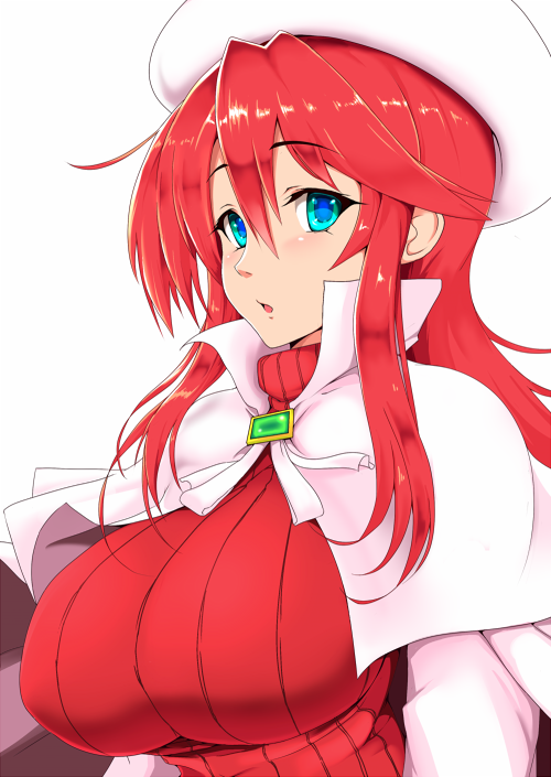 1girl :o arms_at_sides aty_(summon_night) blue_eyes blush breasts brooch cape emerald eyebrows eyebrows_visible_through_hair gem hat jewelry long_hair long_sleeves looking_at_viewer oisinbou parted_lips red_sweater redhead ribbed_sweater ribbon sidelocks simple_background solo summon_night summon_night_3 sweater tareme upper_body white_background white_cape white_hat white_ribbon