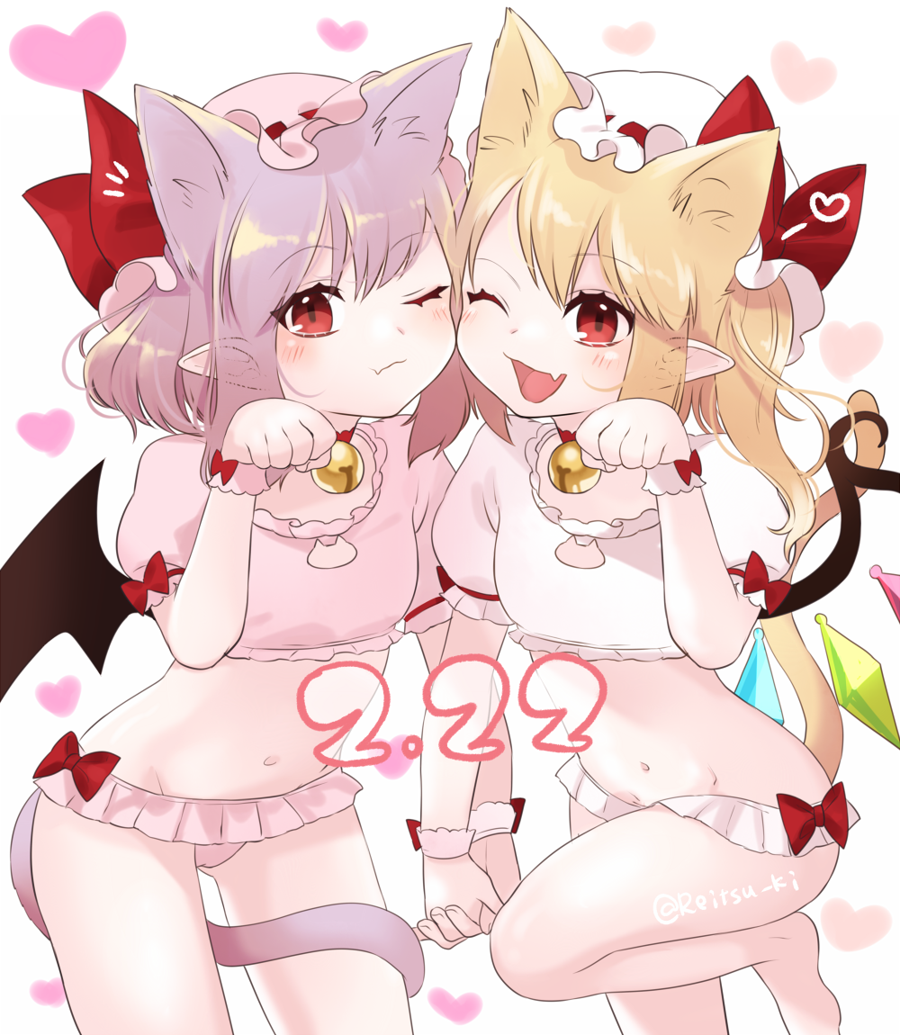 /\/\/\ 2girls ;d animal_ears ass_visible_through_thighs bat_wings bell bell_choker between_legs black_wings blonde_hair blush bow cat_cutout cat_day cat_ears cat_tail choker closed_mouth cowboy_shot crop_top crystal dated eyebrows eyebrows_visible_through_hair eyelashes fang flandre_scarlet flat_chest gotoh510 groin hat hat_bow hat_ribbon heart holding_hands interlocked_fingers kemonomimi_mode leg_up legs_apart looking_at_viewer microskirt midriff mob_cap multiple_girls navel number one_eye_closed open_mouth panties paw_pose pink_hat pink_panties pink_skirt pointy_ears puffy_short_sleeves puffy_sleeves purple_hair red_bow red_eyes red_ribbon remilia_scarlet ribbon short_hair short_sleeves siblings sisters skirt smile standing_on_one_leg stomach symmetrical_hand_pose tail tail_between_legs touhou twitter_username underwear wavy_mouth white_background white_hat white_panties white_skirt wings wrist_cuffs