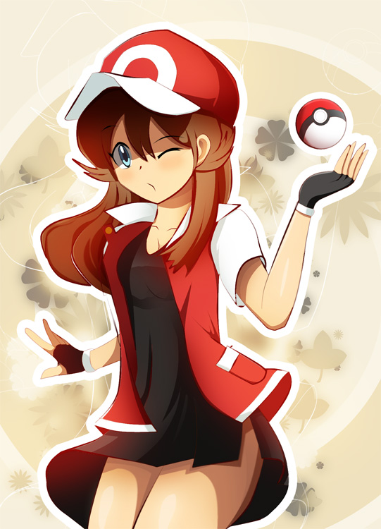 ;o baseball_cap beige_background black_dress black_gloves blue_(pokemon) blue_eyes blush brown_hair collarbone cowboy_shot dress fingerless_gloves gloves hat jacket long_hair looking_at_viewer no_pants one_eye_closed open_clothes open_jacket parted_lips poke_ball pokemon red_(pokemon) red_(pokemon)_(cosplay) red_hat red_jacket side_slit simple_background standing tareme thighs throwing vivivoovoo