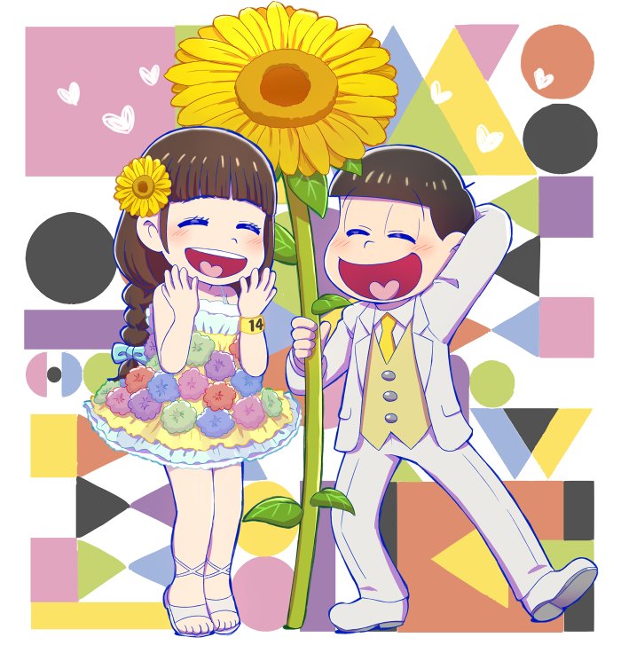 1boy 1girl arm_behind_head bangs blunt_bangs bowl_cut braid brown_hair closed_eyes dress flower hair_flower hair_ornament heart heart_in_mouth juushimatsu's_girlfriend matsuno_juushimatsu osomatsu-kun osomatsu-san riko_(sorube) sandals six_shame_faces smile sunflower tuxedo wristband