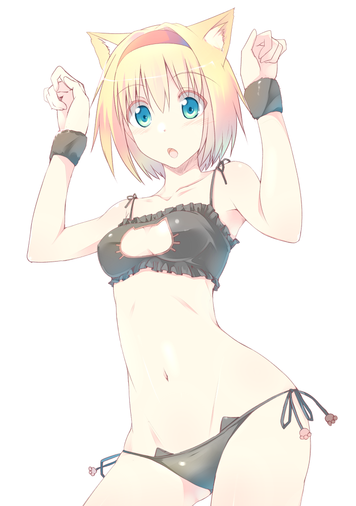 1girl :o alice_margatroid animal_ears armpits arms_up bandeau black_bra black_panties blonde_hair blush bra cat_cutout cat_day cat_ears cat_lingerie collarbone contrapposto cowboy_shot eyebrows eyebrows_visible_through_hair fang frilled_bra frills hair_between_eyes hair_intakes hips navel nirap open_mouth panties paw_pose paws plaid pom_pom_(clothes) side-tie_panties solo standing stomach_bulge sweatband tooth touhou underwear