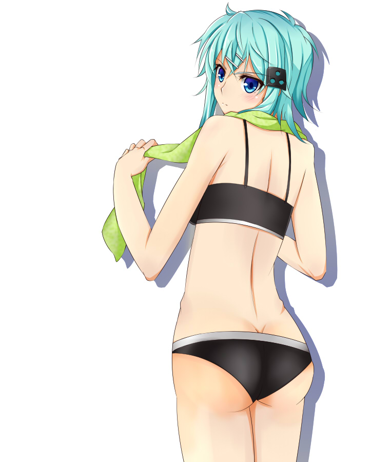 &gt;:| 1girl aqua_hair artist_request ass bare_back bare_shoulders black_bra blue_eyes bra butt_crack expressionless from_behind hair_between_eyes hair_ornament hairclip hip_bones looking_afar looking_back midriff shinon_(sao) short_hair simple_background solo sports_bra standing sword_art_online thighs towel towel_around_neck underwear underwear_only white_background