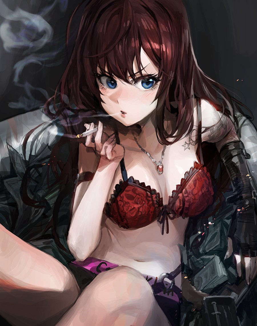 &gt;:o 1girl :o armlet bag bare_shoulders between_fingers black_background black_gloves black_panties blush bra breasts cigarette cleavage collarbone crescent elbow_gloves fingernails gem gloves handbag holding holding_cigarette ichinose_shiki idolmaster idolmaster_cinderella_girls jewelry knees_up lingerie long_hair midriff money mossi navel necklace open_mouth panties pendant red_bra redhead ruby_(stone) simple_background smoke smoking solo star stomach tattoo thighs tsurime underwear very_long_hair