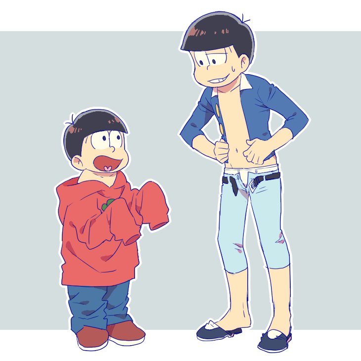 2boys age_comparison brown_hair child cosplay costume_switch dual_persona heart heart_in_mouth looking_at_another matsuno_osomatsu multiple_boys osomatsu-kun osomatsu-san outside_border oversized_clothes sleeves_past_wrists smile sweatdrop tight time_paradox