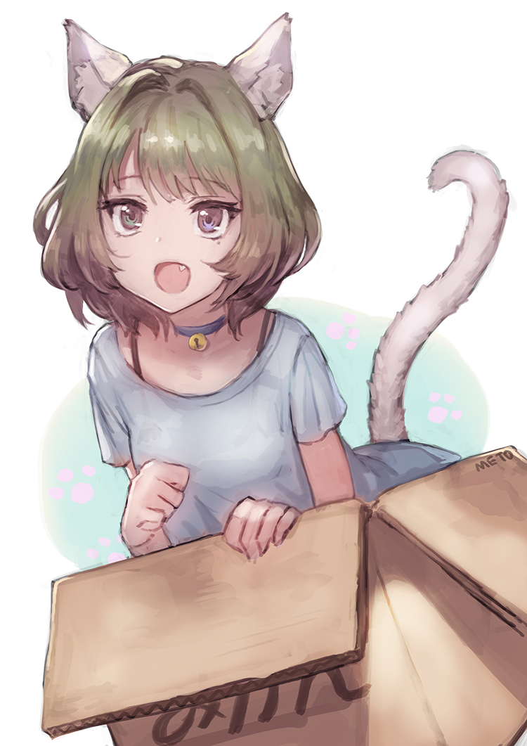 1girl :d animal_ears bell bell_choker blue_eyes box brown_hair cardboard_box cat_ears cat_tail choker fang green_eyes heterochromia idolmaster idolmaster_cinderella_girls in_box in_container jingle_bell meto31 mole mole_under_eye open_mouth paw_pose short_hair smile solo tail takagaki_kaede