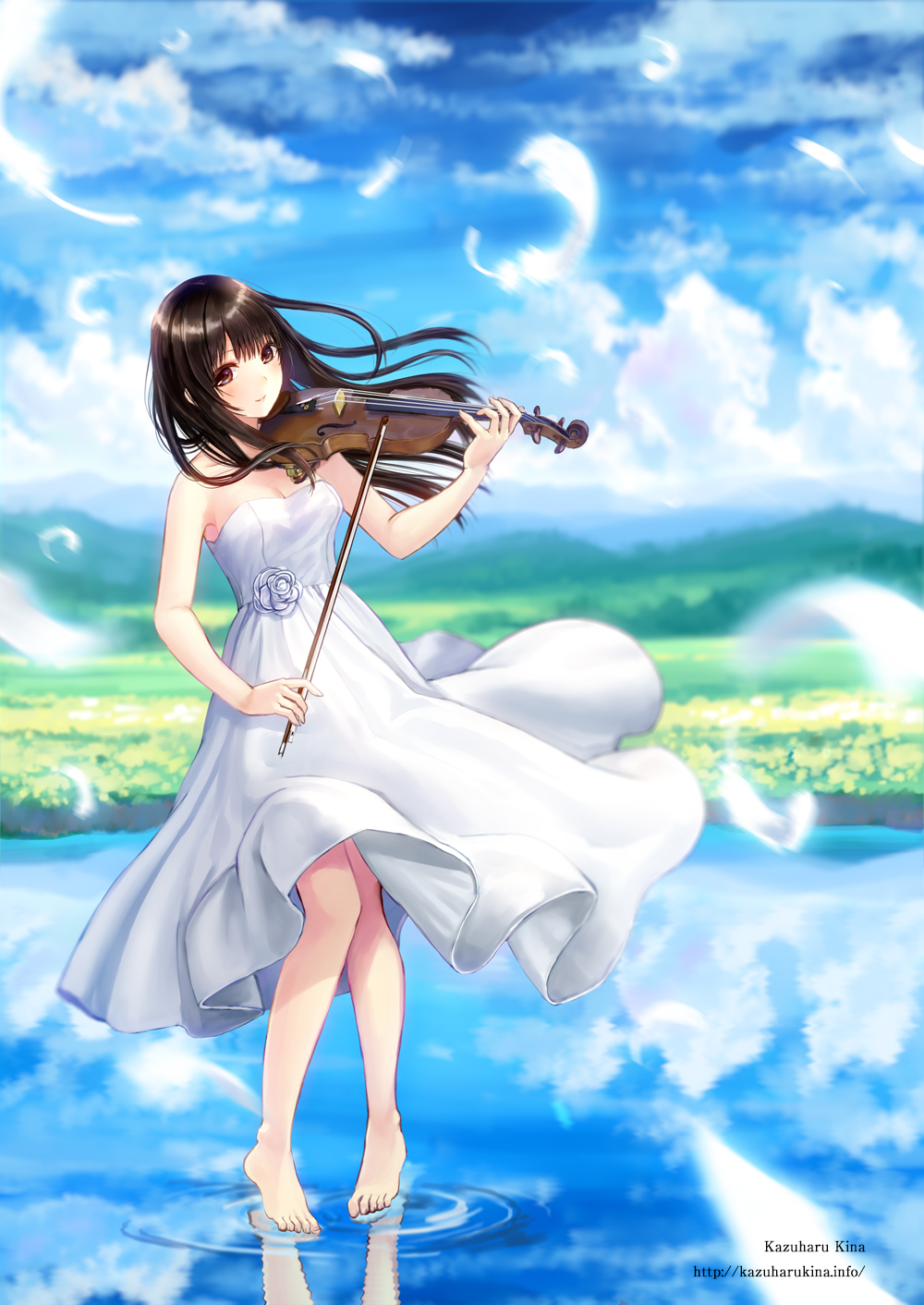 1girl black_hair dress feathers highres instrument kazuharu_kina long_hair original reflection ripples solo sundress violin