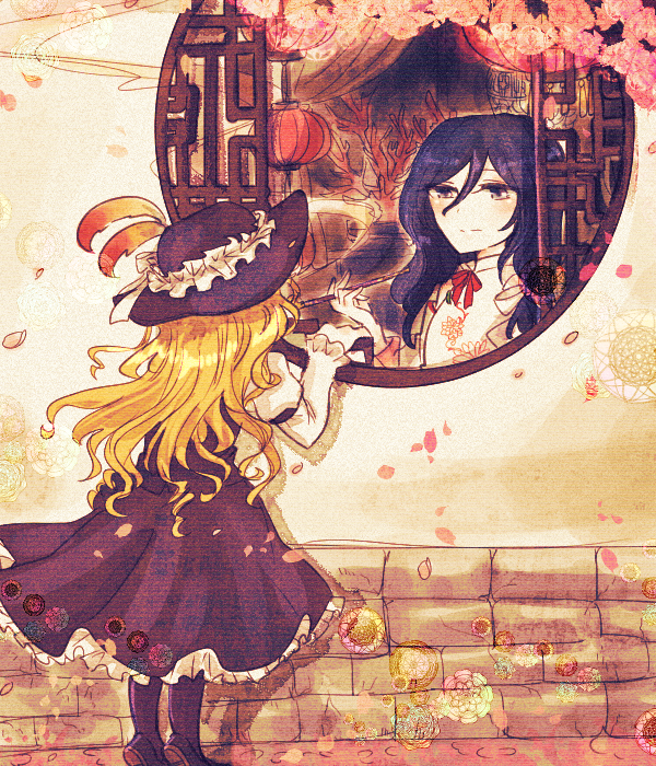 2girls bare_shoulders black_legwear blonde_hair brown_footwear brown_headwear brown_skirt brown_vest cherry_blossoms closed_mouth commentary_request extra frilled_hat frilled_skirt frills hat hat_feather holding holding_pipe jacket_girl_(dipp) juliet_sleeves kiseru label_girl_(dipp) long_hair long_sleeves mandarin_collar medium_hair multiple_girls owannu pantyhose petals pipe puffy_sleeves purple_hair red_neckwear red_ribbon ribbon round_window shirt skirt smoke tiptoes touhou vest wavy_hair white_shirt white_sleeves white_vest window
