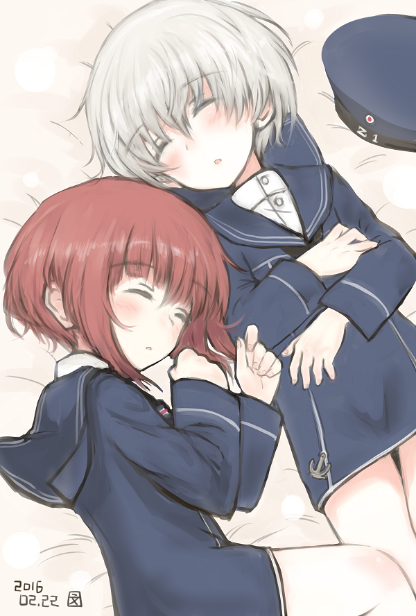 2girls auburn_hair bed closed_eyes dress hat kantai_collection kriegsmarine multiple_girls open_mouth sailor_collar sailor_dress sailor_hat short_hair silver_hair sleeping z1_leberecht_maass_(kantai_collection) z3_max_schultz_(kantai_collection)