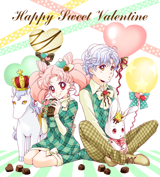 1boy 1girl balloon bishoujo_senshi_sailor_moon boots bow brown_bow brown_pants chibi_usa chocolate crown double_bun green_boots green_bow green_skirt hair_bow hair_ornament happy_valentine heart_balloon heart_hair_ornament helios_(sailor_moon) horse indian_style knee_boots kneeling pants pink_hair plaid plaid_pants plaid_skirt polka_dot polka_dot_bow red_eyes sarashina_kau short_hair sitting skirt smile stuffed_animal stuffed_bunny stuffed_toy sweater_vest twintails white_bow white_hair yellow_eyes