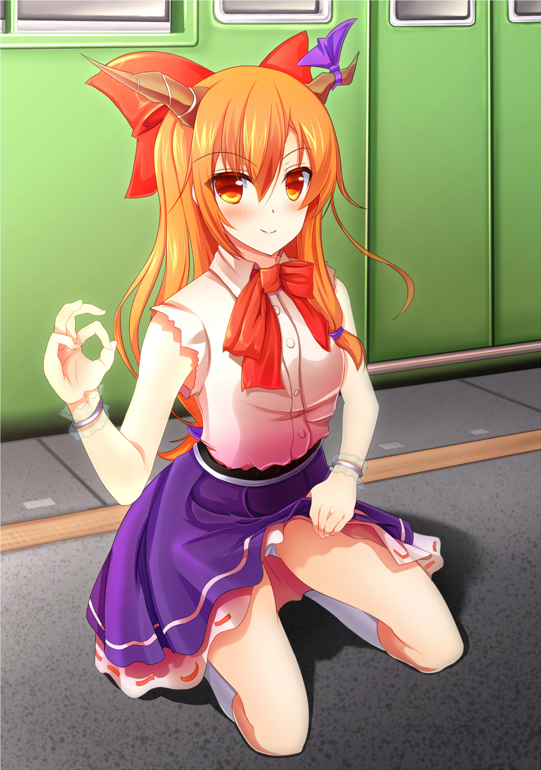 1girl blue_skirt blush bow bowtie bracelet buttons closed_mouth collared_shirt eyebrows eyebrows_visible_through_hair hair_bow hand_gesture highres horn_ribbon horns ibuki_suika jewelry kneehighs kneeling lifted_by_self looking_at_viewer motor_vehicle oni orange_eyes orange_hair outdoors panties presenting purple_ribbon red_bow red_bowtie ribbon see-through sexually_suggestive shirt skirt skirt_lift smile solo szk thighs touhou train train_station underwear vehicle white_legwear white_panties white_shirt wrist_cuffs
