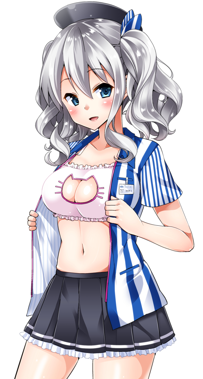 1girl blue_eyes cat_lingerie employee_uniform hat highres kantai_collection kashima_(kantai_collection) lawson open_clothes silver_hair twintails uniform wavy_hair yuuki_hb